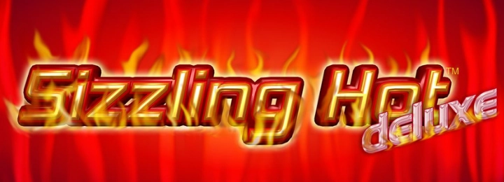 Sizzling Hot Deluxe slot machine logo, with a fiery red background and gold text.