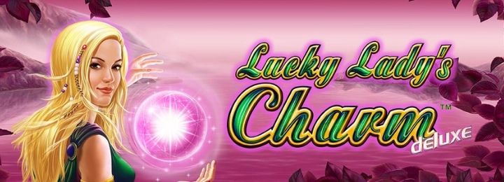 Lucky Lady's Charm Deluxe slot machine logo, featuring a lady wearing a red dress and holding a lucky charm.