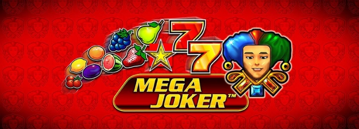 Mega Joker slot machine logo, featuring a jester, playing cards, and fruits.