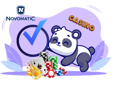 Cute panda cartoon character with a checkmark, surrounded by casino chips and cards, suggesting a focus on online casinos.