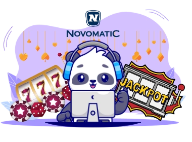 Playful panda cartoon enjoying online casino games, with headphones, a computer, and casino symbols.