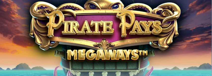 Pirate Pays Megaways slot game logo, featuring a pirate ship, an octopus, and the game title.