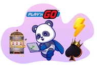 panda mascot as a superhero, with a slot machine, laptop, and playing card symbols.