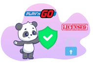 panda mascot holding a shield with a checkmark and padlock, symbolizing security and licensing