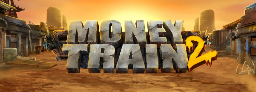 Money Train 2 slot game logo, featuring a rugged, post-apocalyptic setting with a train and the game title.