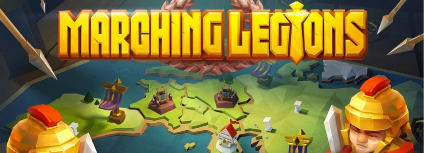 Marching Legions game title, with a medieval theme and a focus on strategy and combat.