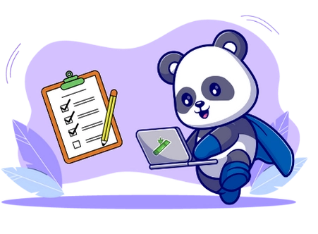 Cute panda cartoon character wearing a superhero cape, working on a laptop with a checklist, suggesting a focus on productivity and task management.