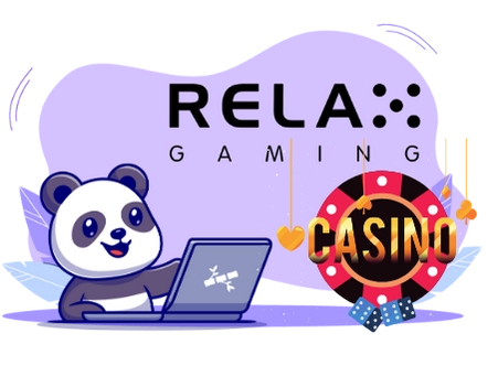 Playful panda cartoon enjoying Relax Gaming casino games, with a laptop and casino symbols.