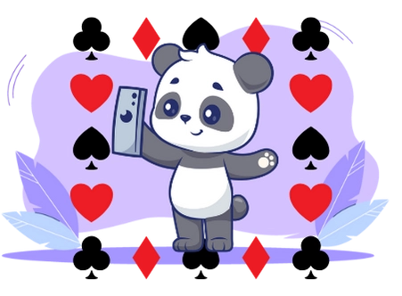 Happy panda cartoon character celebrating a casino win, with playing cards and a smartphone.