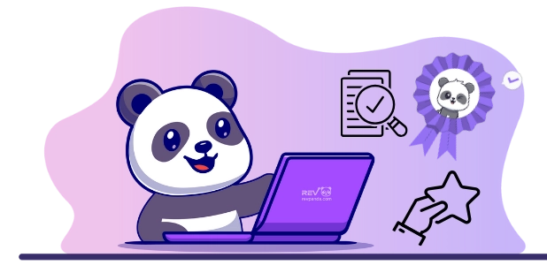 Playful panda cartoon celebrating success, with a laptop, a checklist, a medal, and a star.