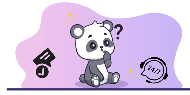 Cute panda cartoon character thinking, with a question mark and a 24/7 support icon, suggesting a focus on customer support and assistance.