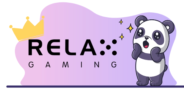 Cute panda cartoon character looking surprised with a crown and the Relax Gaming logo, suggesting a focus on high-quality online casino games.