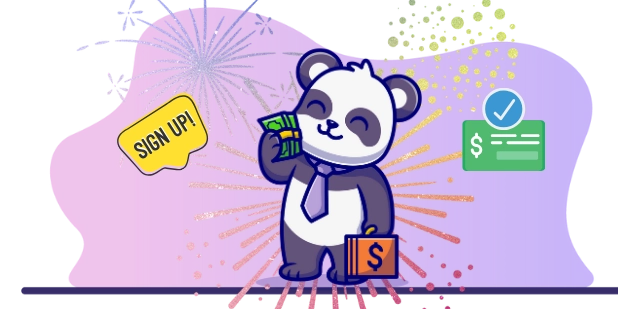 Happy panda cartoon character enjoying a casino promotion, with money, a briefcase, and a "Sign Up!" message.