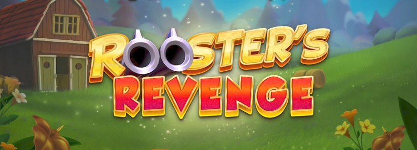 Rooster's Revenge slot game logo, featuring a farm scene and a rooster.