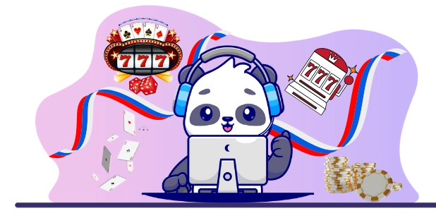 Happy panda cartoon character providing helpful customer service, with headphones, a computer, and casino symbols.