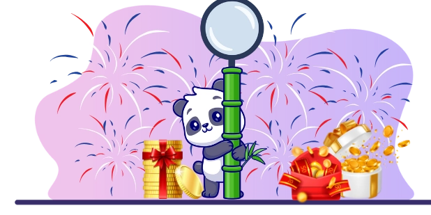 Cute panda cartoon character exploring a treasure trove, with fireworks, coins, and a magnifying glass.