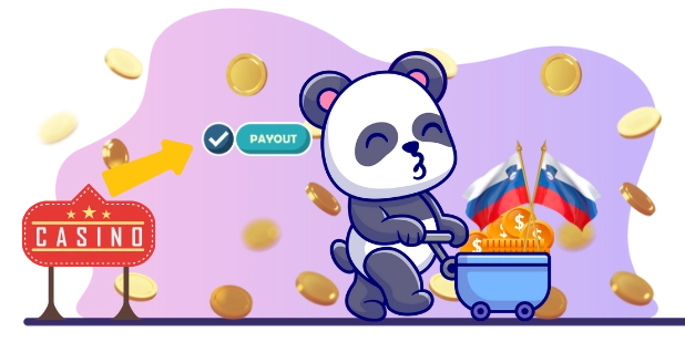 Cute panda cartoon character pushing a cart full of coins, with a "Casino" sign and the Slovenian flag, suggesting a focus on online casino payouts in Slovenia.