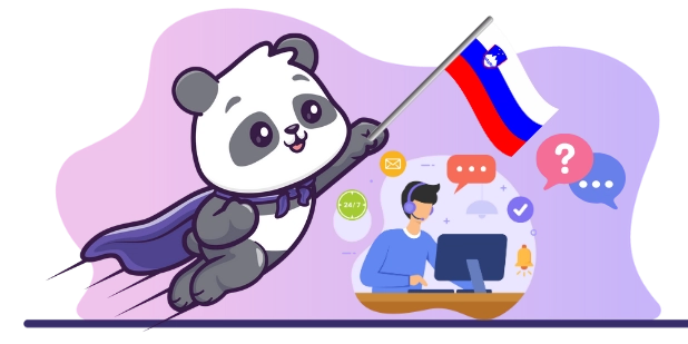 Happy panda cartoon character providing excellent customer service, with the Slovenian flag and a customer support agent.