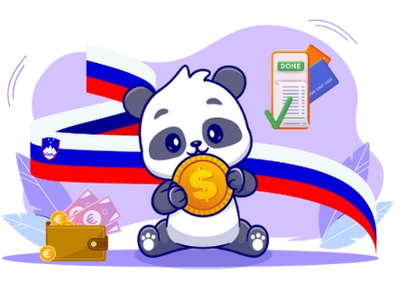 Happy panda cartoon character enjoying the convenience of online payments, with a gold coin, the Slovenian flag, and payment symbols.