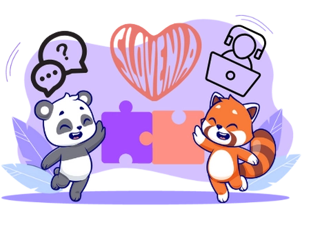 Two cute cartoon animals, a panda and a red panda, celebrating Slovenia with a heart, puzzle pieces, and customer support icons.