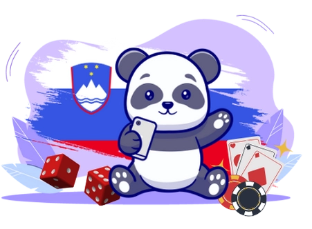 Playful panda cartoon enjoying online casino games, with a smartphone, casino symbols, and the Slovenian flag.