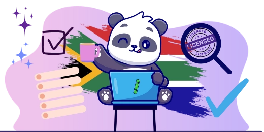 Panda with south africa flag and magnifiying glass.