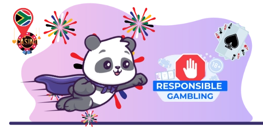 Cartoon panda wearing a cape flies towards "responsible gaming" text