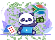 Panda holds a card and cash in it's both hands and there is South African flag behind.