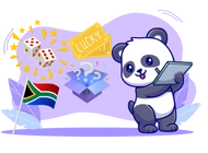 Panda on a tablet stands next to dices, mystery box and a south african flag.