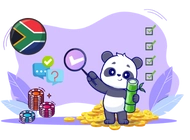 Panda holds a magnifiying glass and a bamboo stick, gold coins, chips and south african flag in the background.