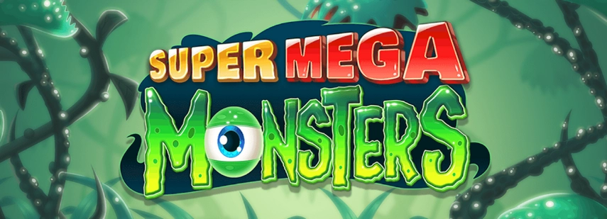 Super Mega Monsters game logo, featuring a monster eye and a colorful, playful design.