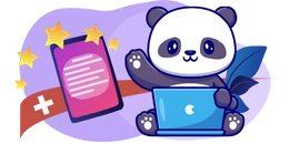 A cute panda sitting on a laptop, waving, with a smartphone showing five stars and a Swiss flag in the background.