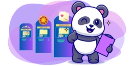 A cute panda winking and giving a thumbs up, holding a clipboard. There are slot machines in the background with playing cards and a roulette wheel.