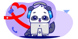 A cute panda wearing headphones and sitting in front of a laptop, giving a thumbs up. There are icons for email, phone, and a heart in the background.