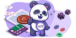 A cute panda winking and giving a thumbs up, holding a ribbon. There's a smartphone with a roulette wheel, playing cards, dice, and casino chips in the background.