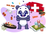 A happy panda standing in front of the Swiss flag, with casino chips, dice, playing cards, a smartphone, and a 