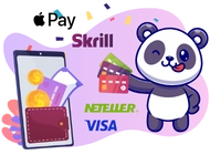 A cute panda holding a credit card, with a smartphone showing a wallet and various payment methods like Apple Pay, Skrill, Neteller, and Visa.