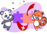 A panda and a red panda are holding puzzle pieces that fit together, with a Swiss flag in the background.