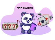 Winking panda mascot with a clipboard, standing next to a slot machine and playing cards, representing WAZDAN.