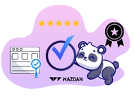 panda mascot with five stars, a checkmark, and a medal, symbolizing quality and excellence