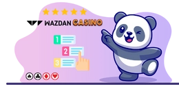 Winking panda mascot pointing at a list, with playing cards and the WAZDAN Casino logo.