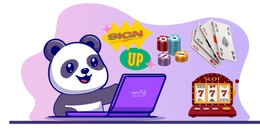 panda mascot using a laptop, surrounded by playing cards, chips, and a slot machine, promoting sign-up