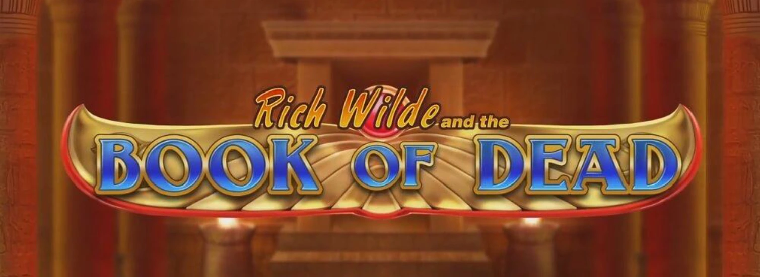 Book of Dead slot game logo, featuring Rich Wilde and an ancient Egyptian setting