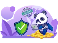 Panda with a hero suit looks on something on a laptop and there is a gold coin pile under it