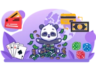 Panda with lots of cash, cards, credit cards, poker chips