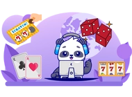 Panda on a computer with slot machines, dices and cards on the background