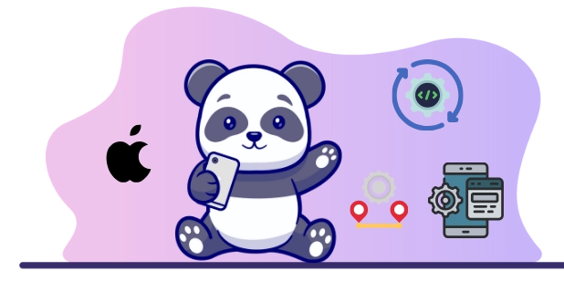 Cute panda cartoon using a smartphone, surrounded by icons representing Apple, mobile app development, and cross-platform compatibility.