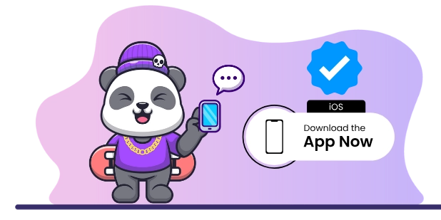 Cool panda cartoon holding a smartphone, wearing a beanie and gold chain, with a verified badge and "Download the App Now" text, suggesting a call to action for downloading the app.