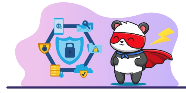 Playful panda superhero protecting online data, with symbols like a lock, a shield, and a firewall.