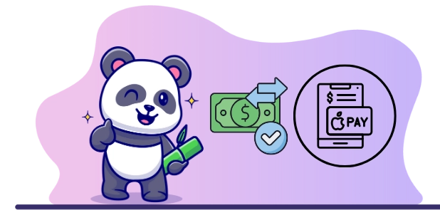 Cute panda cartoon holding bamboo, with a smartphone showing Apple Pay and a dollar bill, suggesting a focus on online payments and mobile transactions.